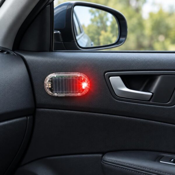 A small oval solar-powered warning light with a red flashing LED, mounted on a black car door panel by the interior handle.